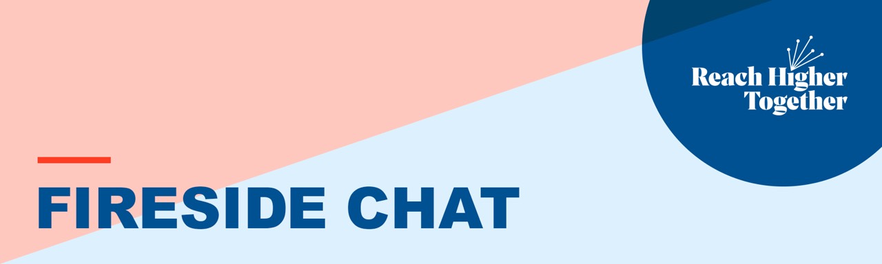 Fireside Chat text over pink and blue rectangle